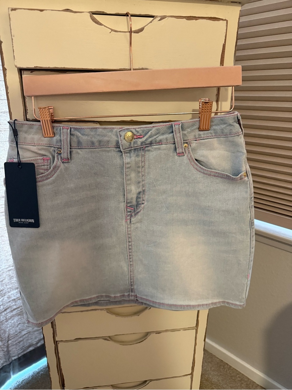 True Religion Light Wash Denim Mini Skirt with Pink Stitching